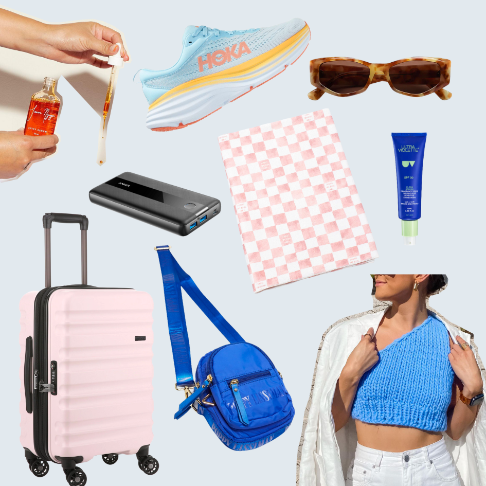 Winter/Spring 2022 Travel Essentials for a Beach Holiday in Byron Bay, Australia. Accessories, travel bags, chargers, and more.
